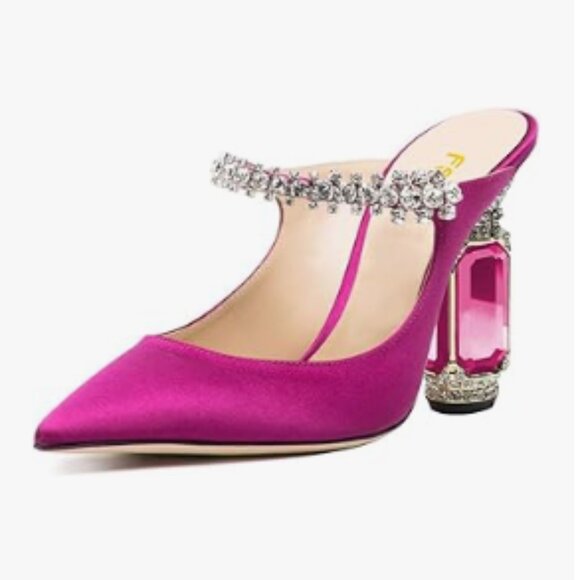FSJ Shoes - FSJ Fuchsia Satin Crystal Chunky Heel Mules Rhinestone Strappy Wedding Sandals